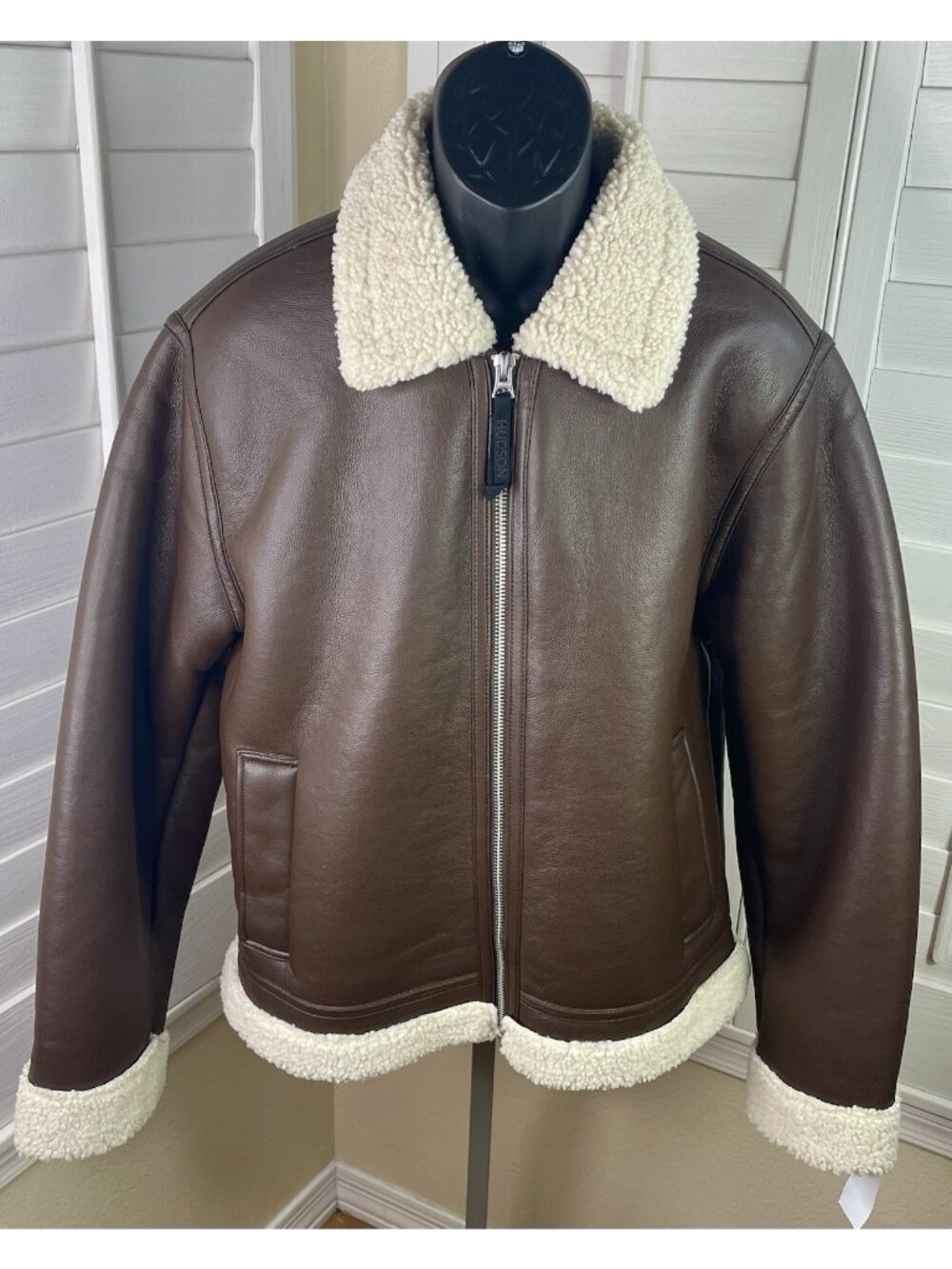 Hudson Jeans Faux Shearling-Collar Vegan Leather Bomber Jacket, Men L - NWT $238